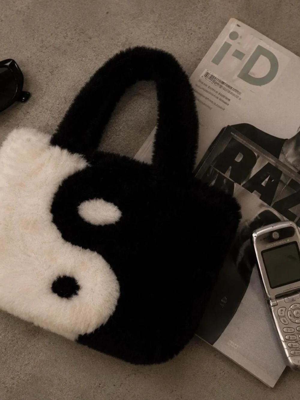 Plush Yin Yang Top-Handle Tote Bag in Black and White